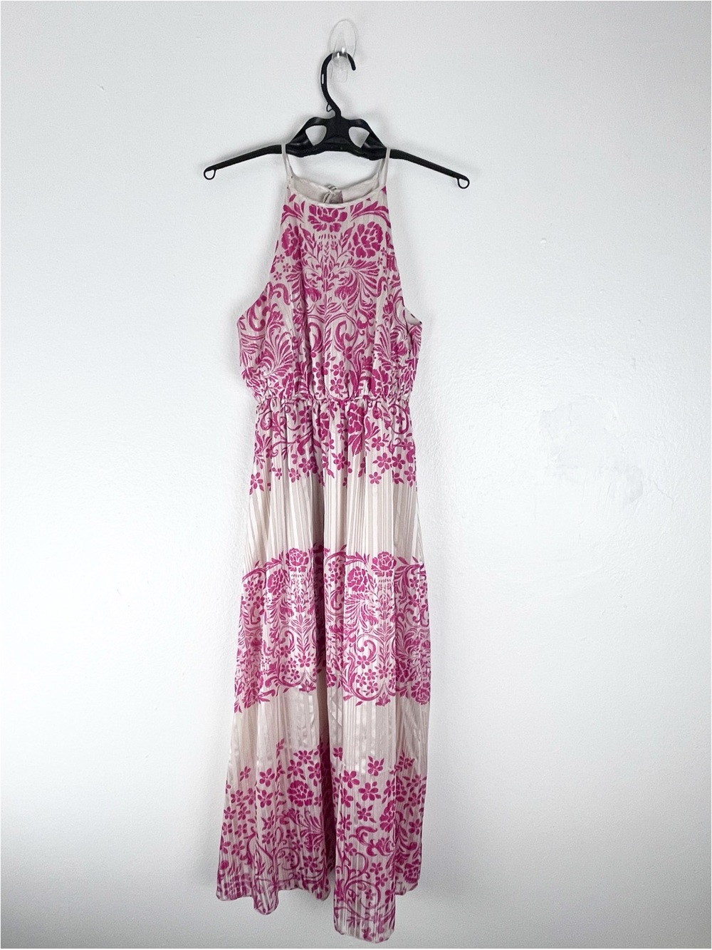 SAVANNA JANE Pink Metallic High Neck Tie Back Elastic Waist Maxi Dress Small